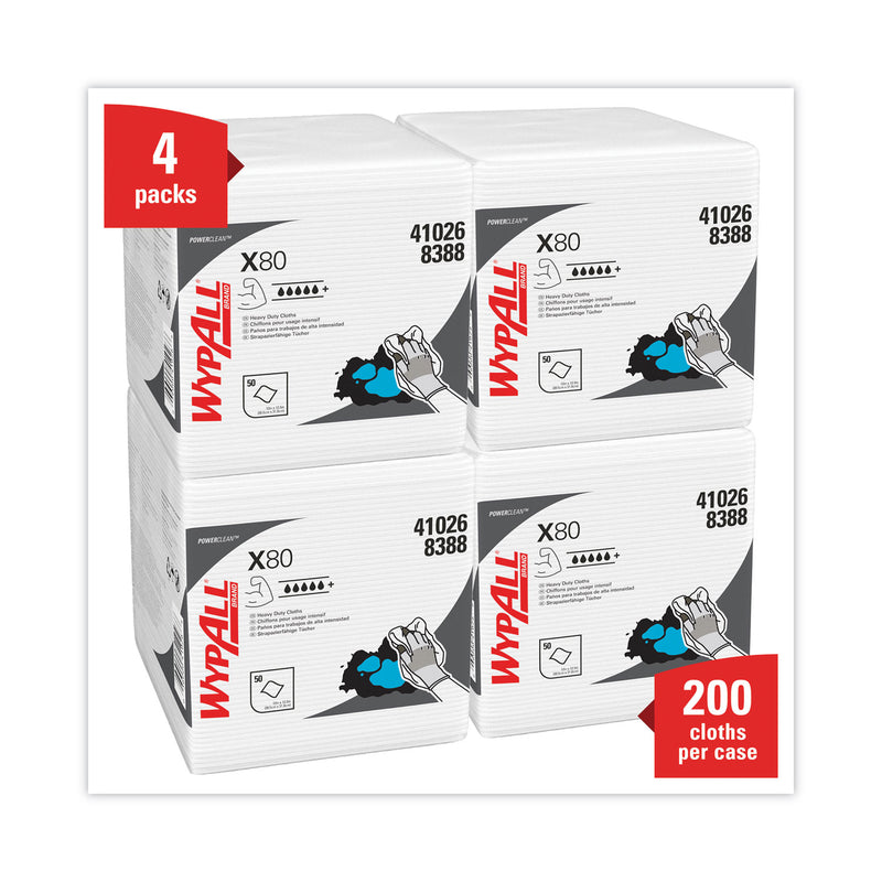 WypAll Power Clean X80 Heavy Duty Cloths, 1/4 Fold, 12.5 x 12, White, 50/Box, 4 Boxes/Carton