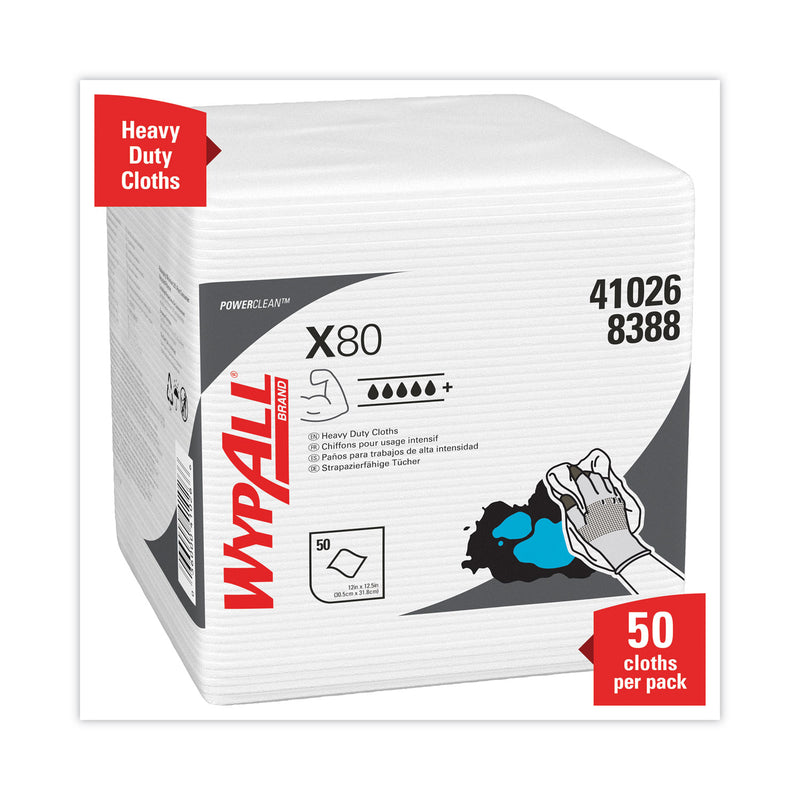 WypAll Power Clean X80 Heavy Duty Cloths, 1/4 Fold, 12.5 x 12, White, 50/Box, 4 Boxes/Carton