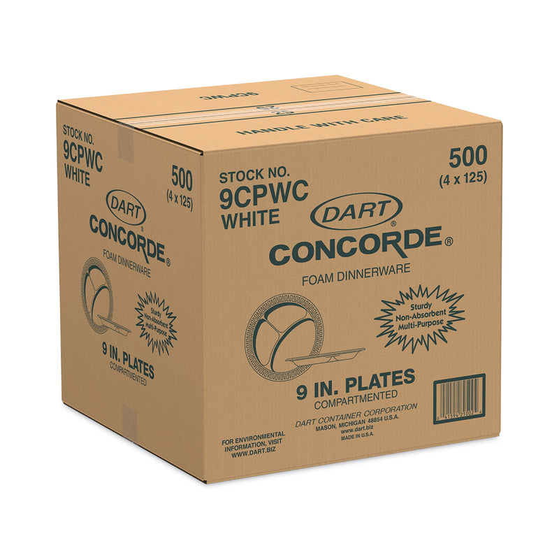 Dart Concorde Non-Laminated Foam Plate, 3-Compartment, 9" dia, 125/Pack, 4 Packs/Carton