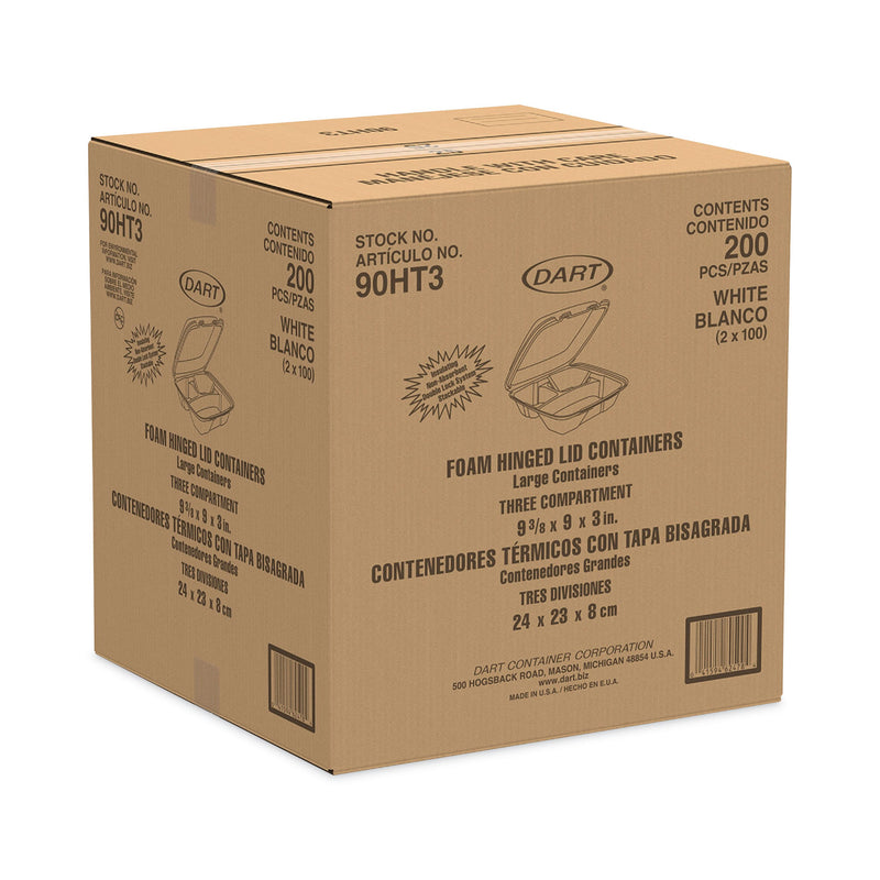 Dart Insulated Foam Hinged Lid Containers, 3-Compartment, 9 x 9.4 x 3, White, 200/Pack, 2 Packs/Carton