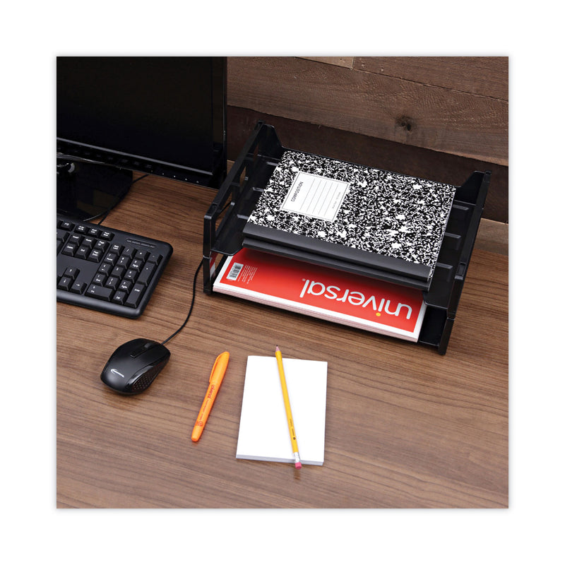 Universal Recycled Plastic Side Load Desk Trays, 2 Sections, Letter Size Files, 13" x 9" x 2.75", Black