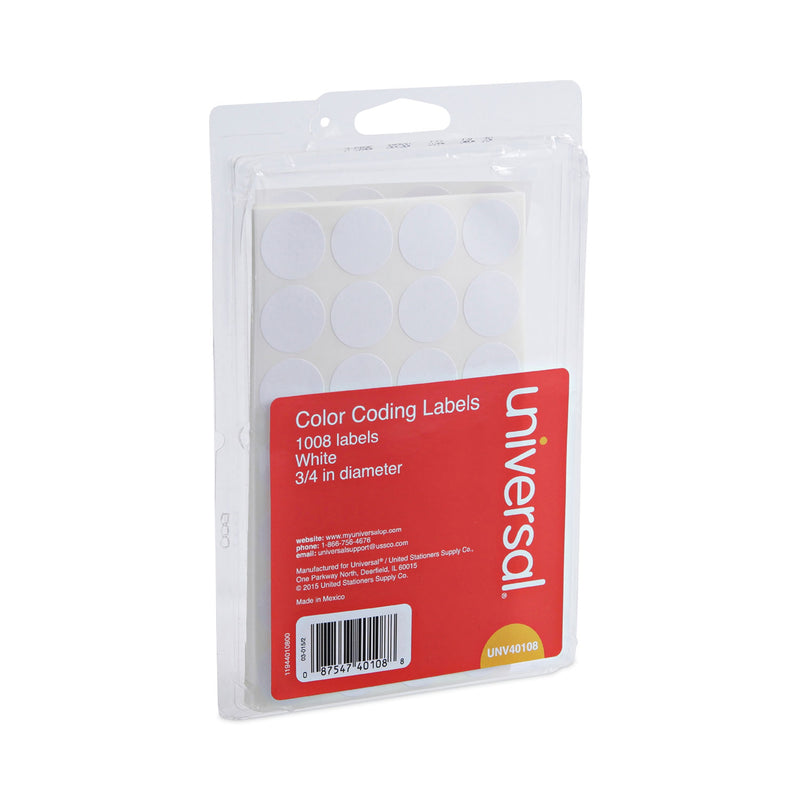 Universal Self-Adhesive Removable Color-Coding Labels, 0.75" dia, White, 28/Sheet, 36 Sheets/Pack
