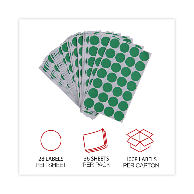Universal Self-Adhesive Removable Color-Coding Labels, 0.75" dia, Green, 28/Sheet, 36 Sheets/Pack
