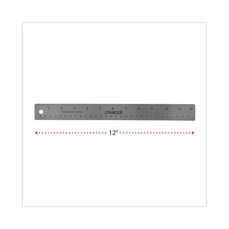 Universal Stainless Steel Ruler with Cork Back and Hanging Hole, Standard/Metric, 12" Long