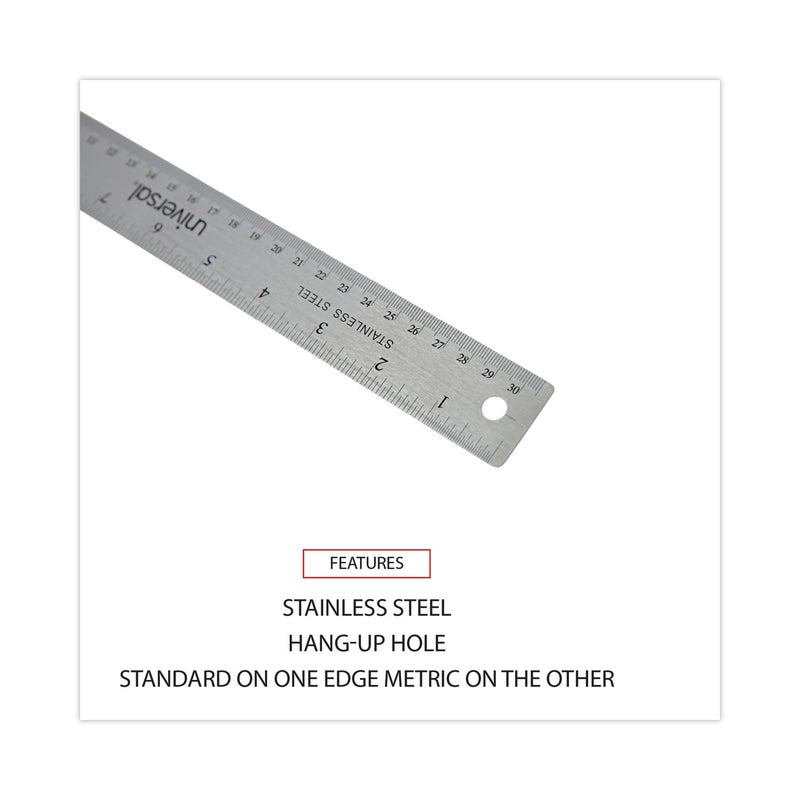 Universal Stainless Steel Ruler with Cork Back and Hanging Hole, Standard/Metric, 12" Long