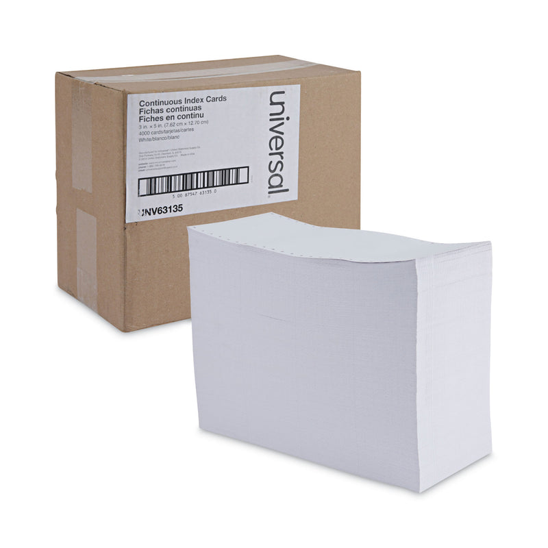 Universal Continuous-Feed Index Cards, Unruled, 3 x 5, White, 4,000/Carton