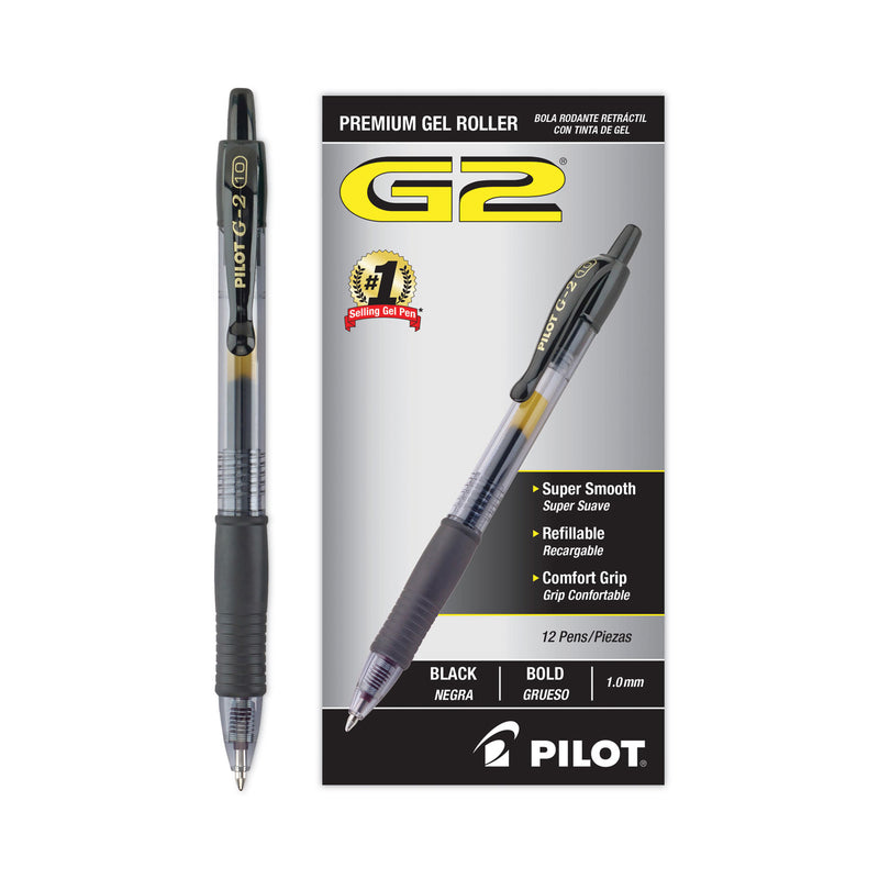 Pilot G2 Premium Gel Pen, Retractable, Bold 1 mm, Black Ink, Smoke Barrel, Dozen