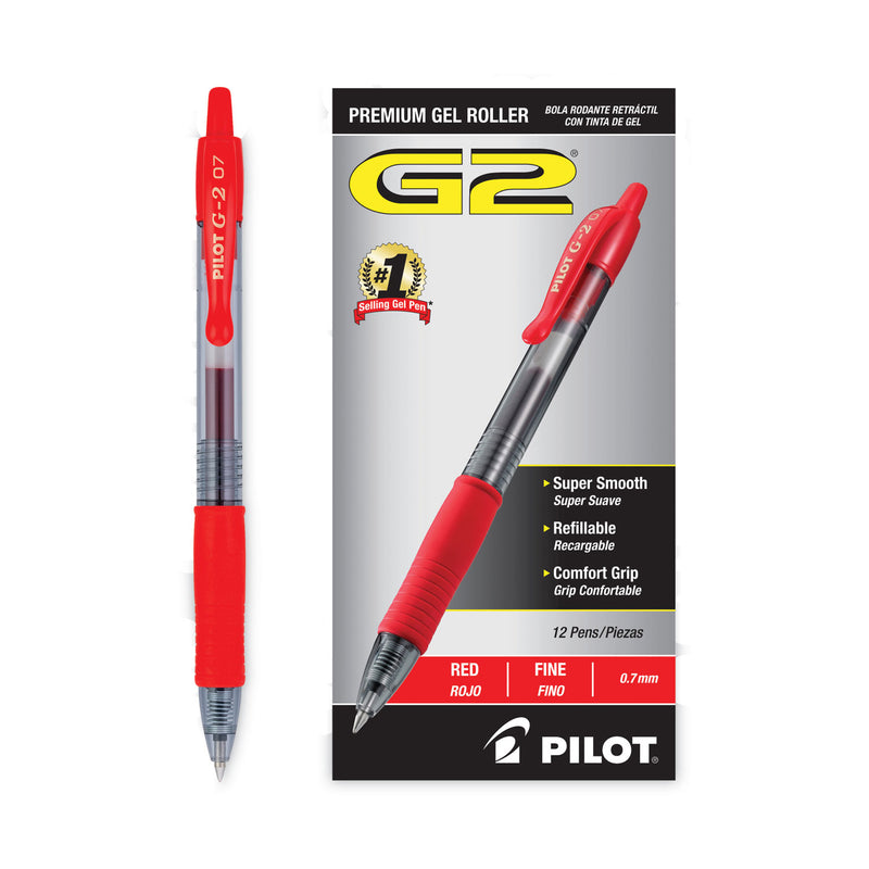 Pilot G2 Premium Gel Pen, Retractable, Fine 0.7 mm, Red Ink, Smoke Barrel, Dozen