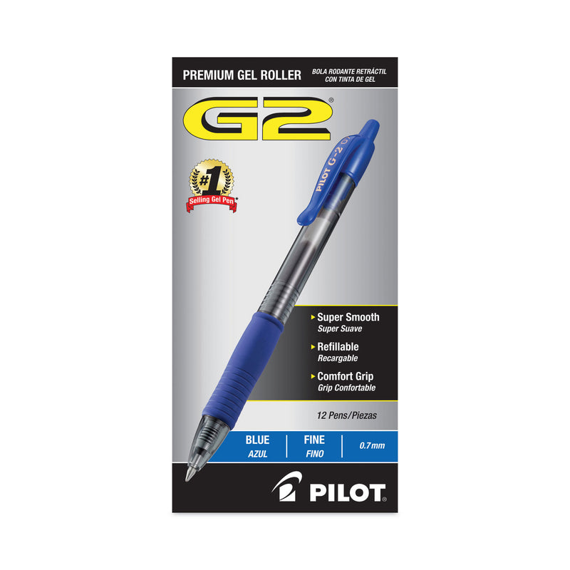 Pilot G2 Premium Gel Pen, Retractable, Fine 0.7 mm, Blue Ink, Smoke Barrel, 12/Pack