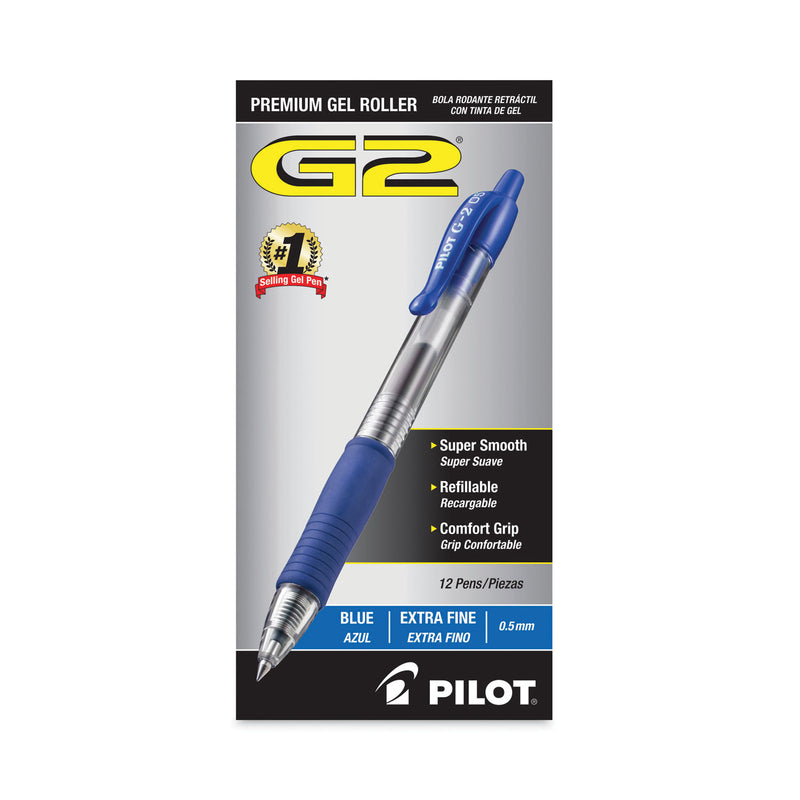 Pilot G2 Premium Gel Pen, Retractable, Extra-Fine 0.5 mm, Blue Ink, Smoke Barrel, Dozen