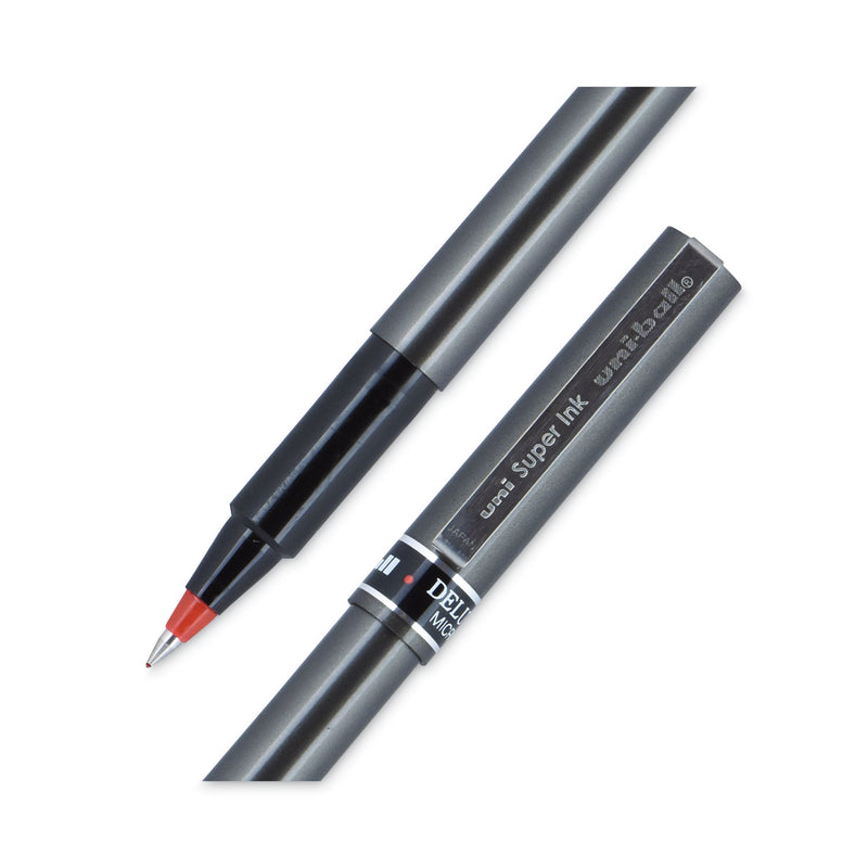 uniball Deluxe Roller Ball Pen, Stick, Micro 0.5 mm, Red Ink, Metallic Gray Barrel, Dozen