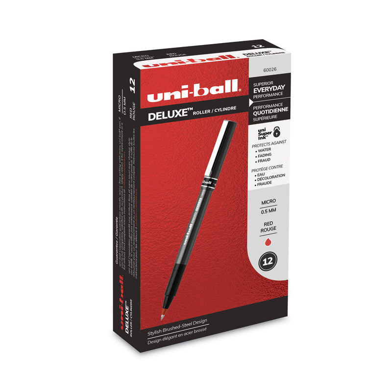 uniball Deluxe Roller Ball Pen, Stick, Micro 0.5 mm, Red Ink, Metallic Gray Barrel, Dozen