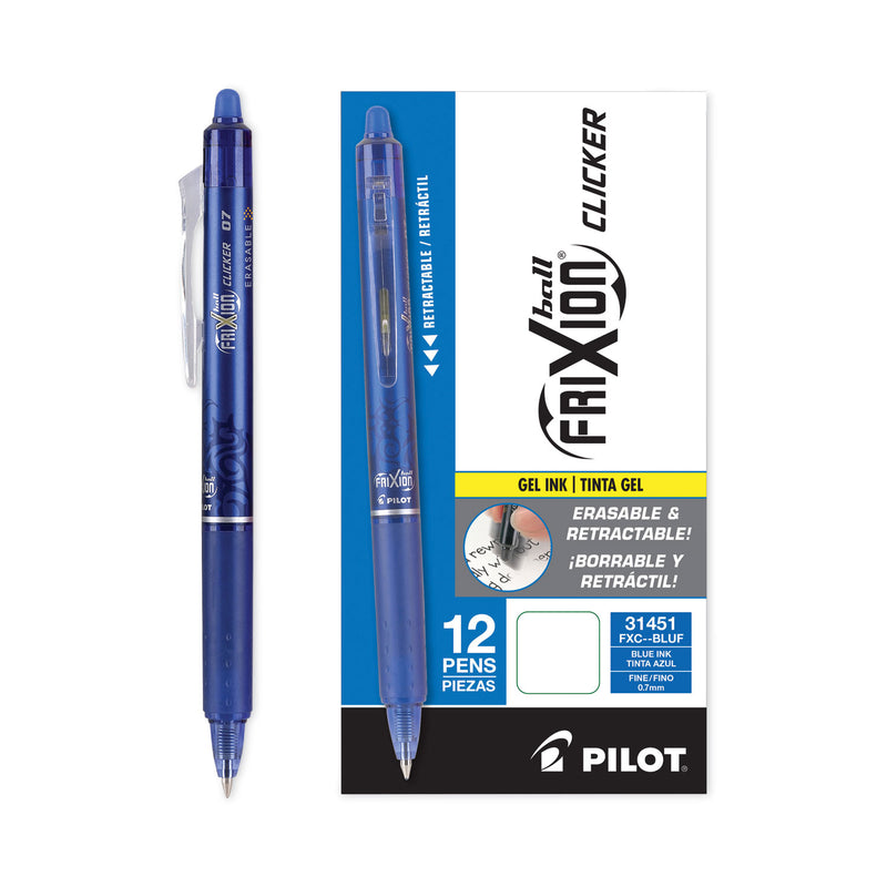 Pilot FriXion Clicker Erasable Gel Pen, Retractable, Fine 0.7 mm, Blue Ink, Blue Barrel