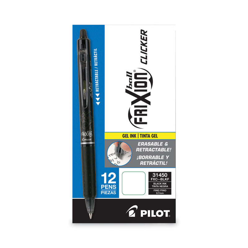 Pilot FriXion Clicker Erasable Gel Pen, Retractable, Fine 0.7 mm, Black Ink, Black Barrel