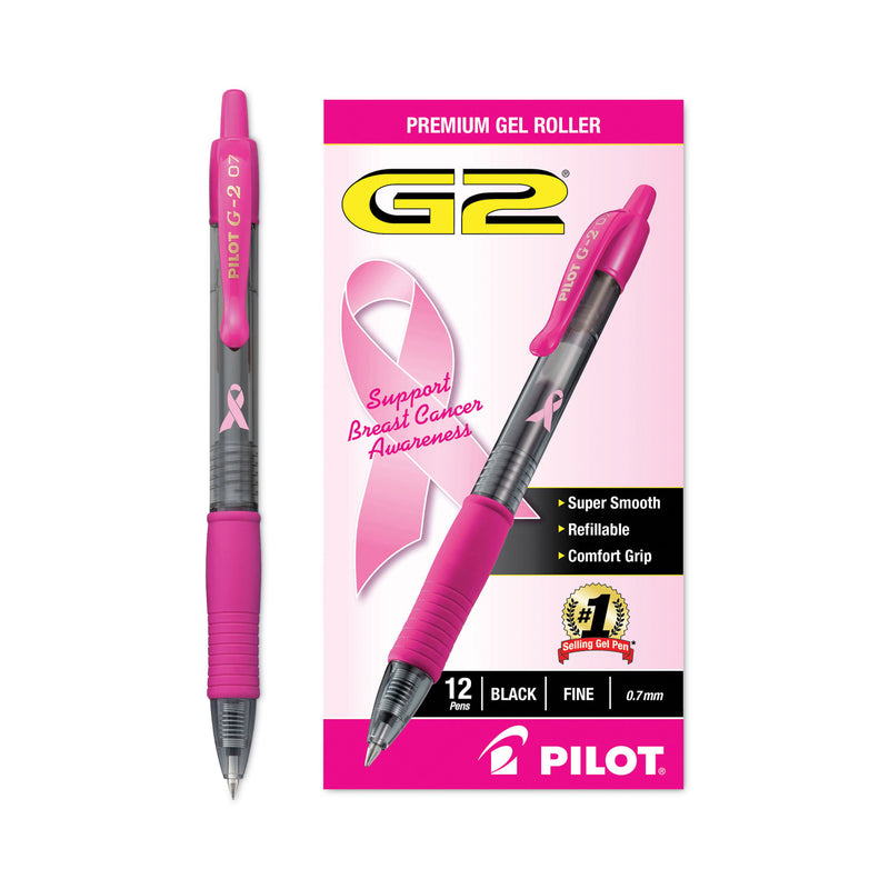 Pilot G2 Premium Breast Cancer Awareness Gel Pen, Retractable, Fine 0.7 mm, Black Ink, Translucent Pink Barrel, Dozen
