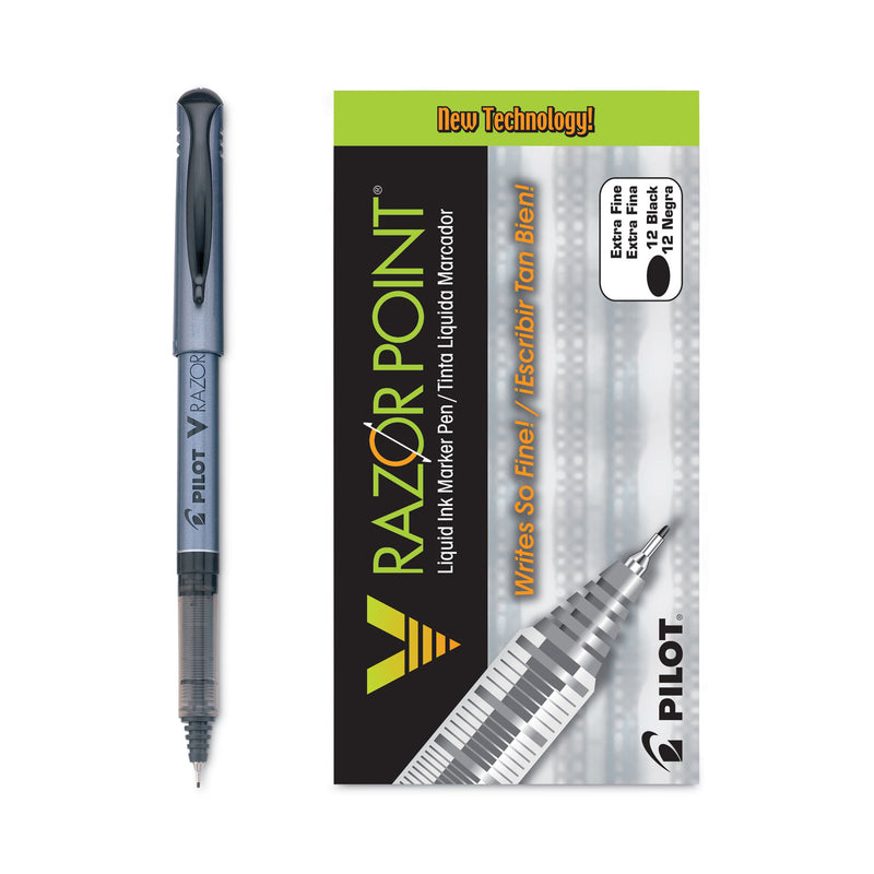 Pilot V Razor Point Liquid Ink Porous Point Pen, Stick, Extra-Fine 0.5 mm, Black Ink, Gray Barrel, Dozen