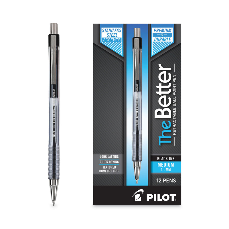 Pilot Better Ballpoint Pen, Retractable, Medium 1 mm, Black Ink, Smoke Barrel, Dozen