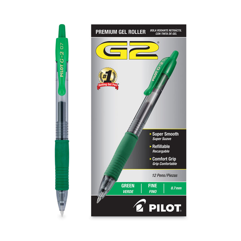 Pilot G2 Premium Gel Pen, Retractable, Fine 0.7 mm, Green Ink, Smoke Barrel, Dozen