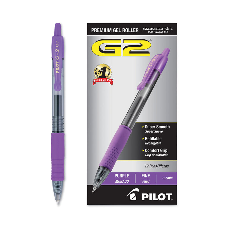 Pilot G2 Premium Gel Pen, Retractable, Fine 0.7 mm, Purple Ink, Smoke Barrel, Dozen