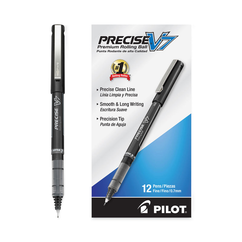 Pilot Precise V7 Roller Ball Pen, Stick, Fine 0.7 mm, Black Ink, Black Barrel, Dozen