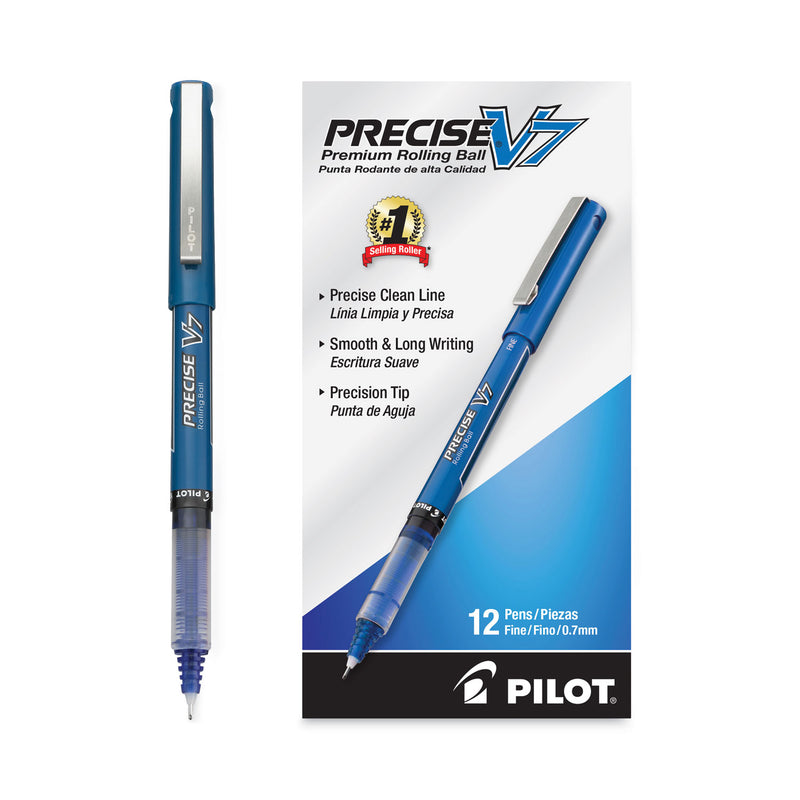 Pilot Precise V7 Roller Ball Pen, Stick, Fine 0.7 mm, Blue Ink, Blue Barrel, Dozen