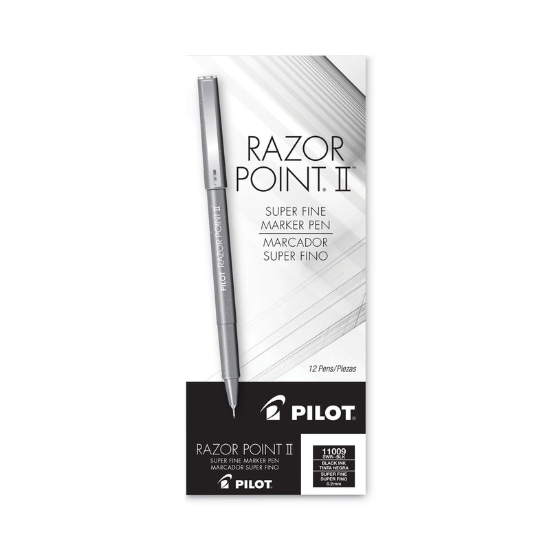 Pilot Razor Point II Super Fine Line Porous Point Pen, Stick, Extra-Fine 0.2 mm, Black Ink, Black Barrel, Dozen