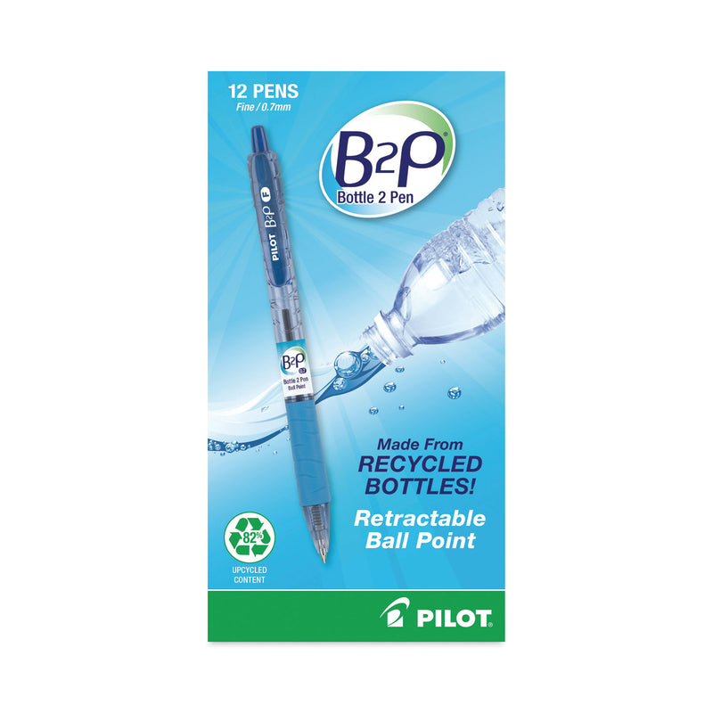 Pilot B2P Bottle-2-Pen Recycled Ballpoint Pen, Retractable, Fine 0.7 mm, Blue Ink, Translucent Blue Barrel, Dozen
