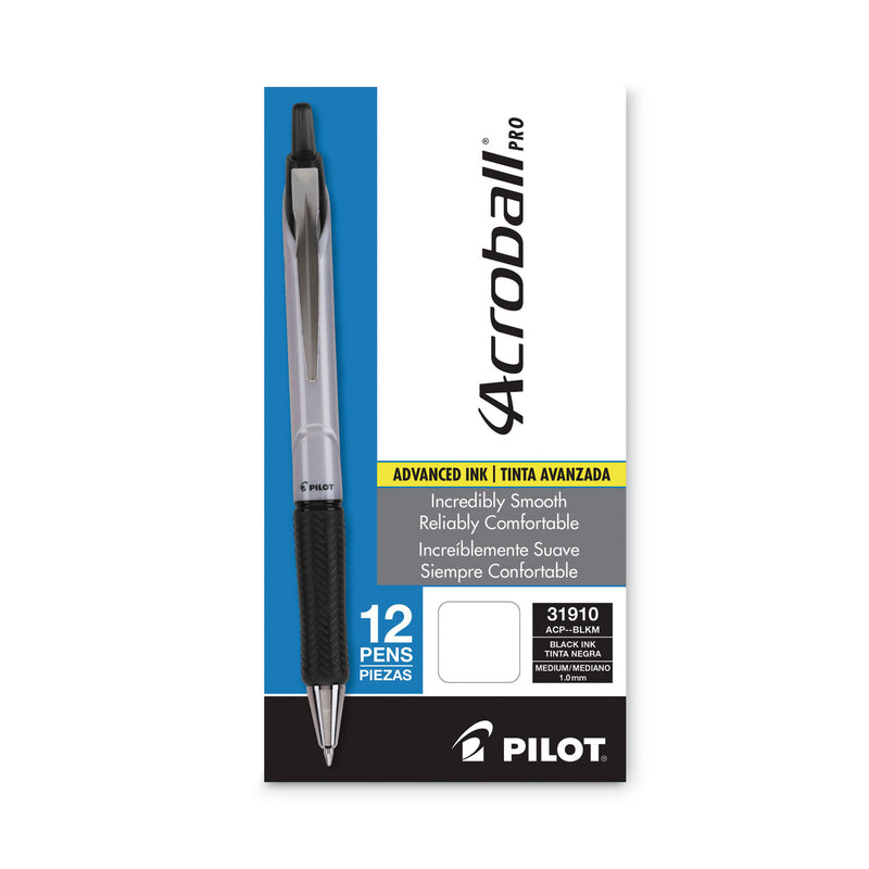 Pilot Acroball Pro Advanced Ink Ballpoint Pen, Retractable, Medium 1 mm, Black Ink, Silver Barrel, Dozen