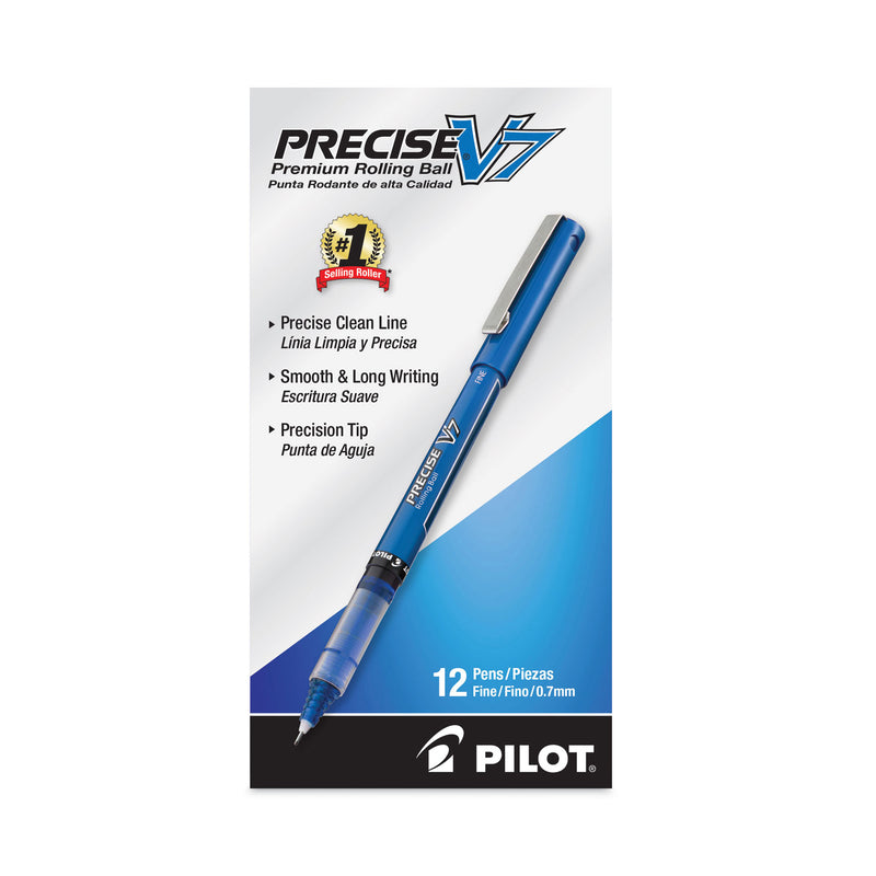 Pilot Precise V7 Roller Ball Pen, Stick, Fine 0.7 mm, Blue Ink, Blue Barrel, Dozen