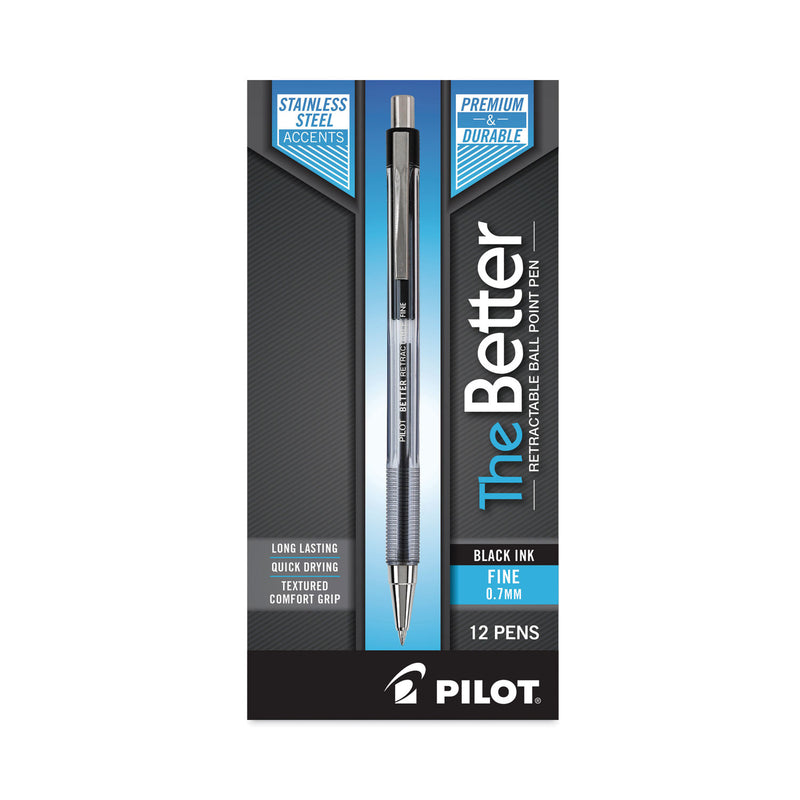 Pilot Better Ballpoint Pen, Retractable, Fine 0.7 mm, Black Ink, Smoke Barrel, Dozen