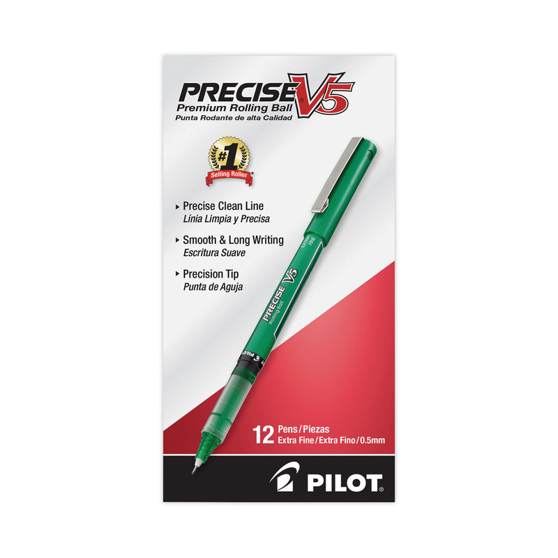Pilot Precise V5 Roller Ball Pen, Stick, Extra-Fine 0.5 mm, Green Ink, Green Barrel, Dozen