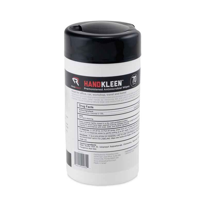 Read Right HandKleen Premoistened Antibacterial Wipes, Cloth, 5.5 x 6.5, 70/Tub