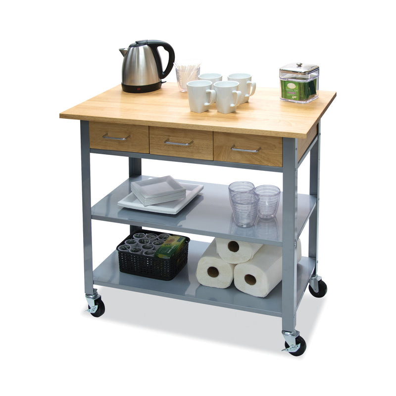 Vertiflex Countertop Serving Cart, Wood, 3 Shelves, 3 Drawers, 35.5" x 19.75" x 34.25", Oak/Gray