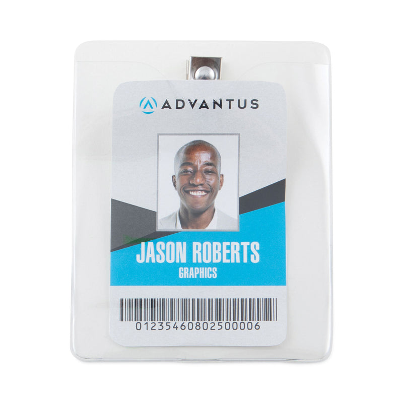 Advantus ID Badge Holders with Clip, Vertical, Clear 3.8" x 4.25" Holder, 3.13" x 3.75" Insert, 50/Pack