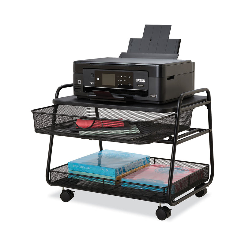 Safco Onyx Under Desk Machine Stand, Metal, 1 Shelf, 1 Drawer, 1 Bin, 100 lb Capacity, 21" x 16" x 17.5", Black