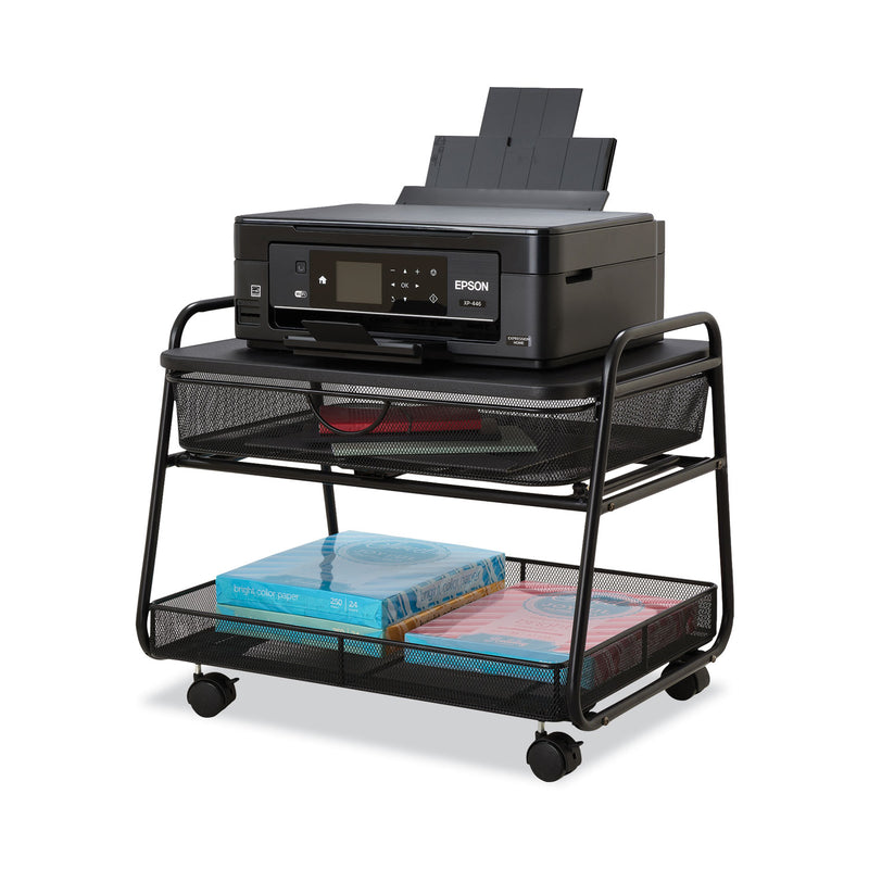 Safco Onyx Under Desk Machine Stand, Metal, 1 Shelf, 1 Drawer, 1 Bin, 100 lb Capacity, 21" x 16" x 17.5", Black