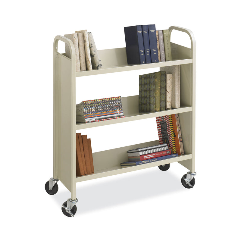 Safco Steel Single-Sided Book Cart, Metal, 3 Shelves, 300 lb Capacity, 36" x 14.5" x 43.5", Sand