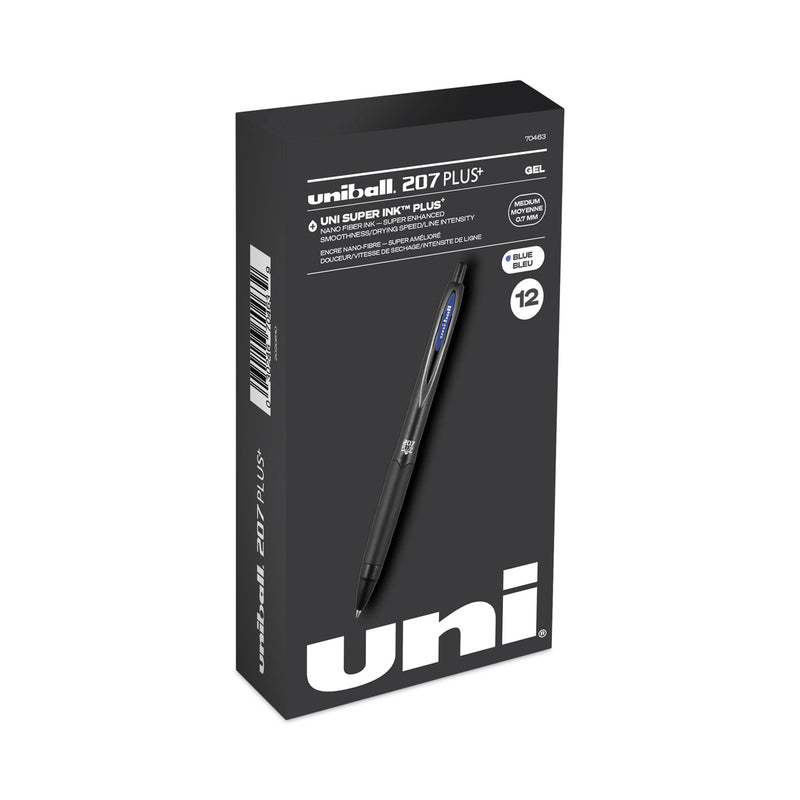 uniball 207 Plus+ Gel Pen, Retractable, Medium 0.7 mm, Blue Ink, Black Barrel, Dozen