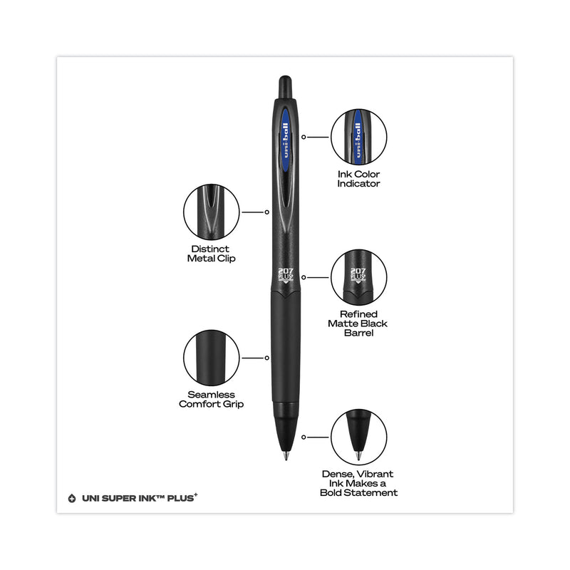 uniball 207 Plus+ Gel Pen, Retractable, Medium 0.7 mm, Blue Ink, Black Barrel, Dozen