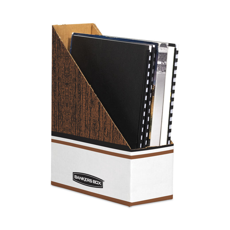 Bankers Box Corrugated Cardboard Magazine File, 4 x 11 x 12.25, Wood Grain, 12/Carton