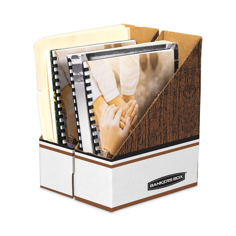 Bankers Box Corrugated Cardboard Magazine File, 4 x 11 x 12.25, Wood Grain, 12/Carton