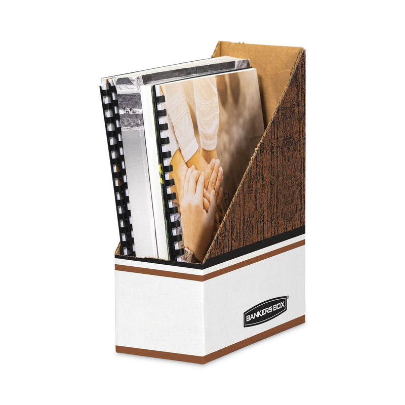Bankers Box Corrugated Cardboard Magazine File, 4 x 9 x 11.5, Wood Grain, 12/Carton