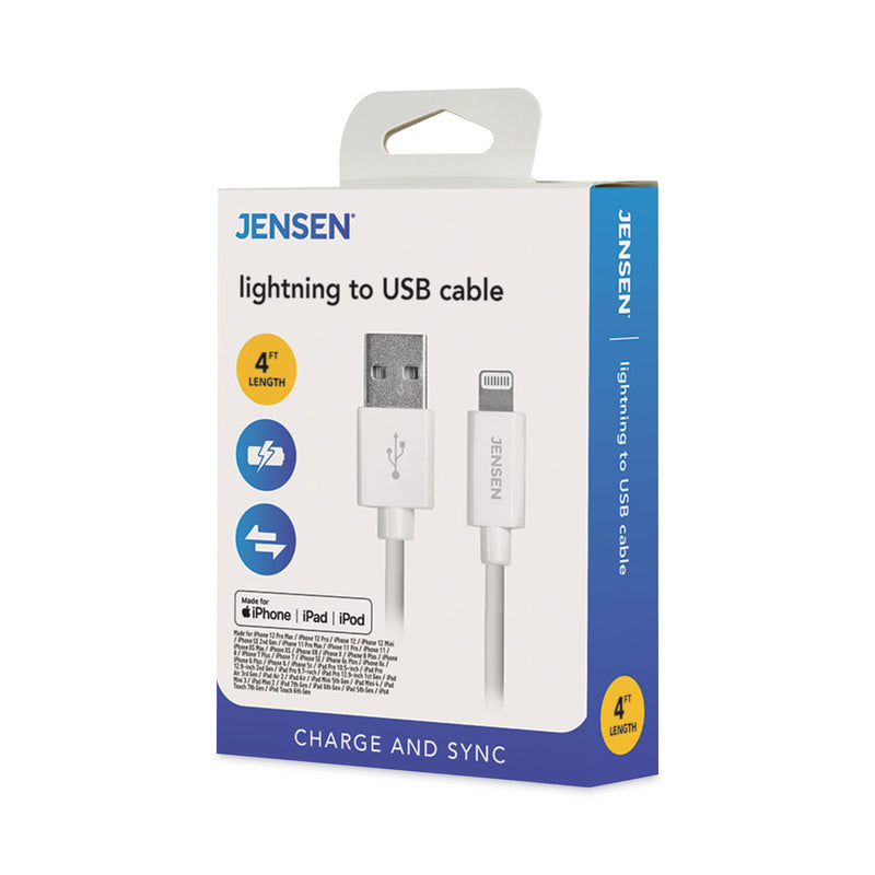 JENSEN Lightning to USB Cable, 4 ft, White