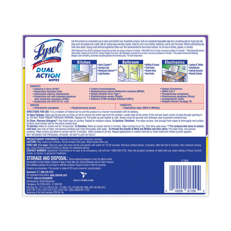 LYSOL Dual Action Disinfecting Wipes, 7 x 7.5, Citrus, White/Purple, 75/Canister, 6/Carton