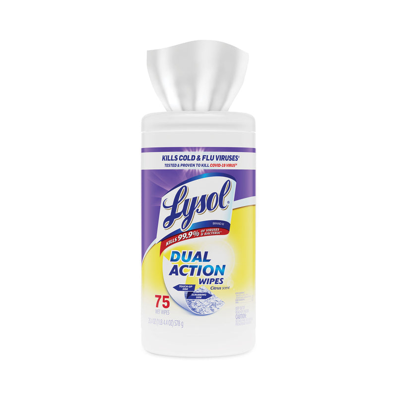 LYSOL Dual Action Disinfecting Wipes, 7 x 7.5, Citrus, White/Purple, 75/Canister, 6/Carton