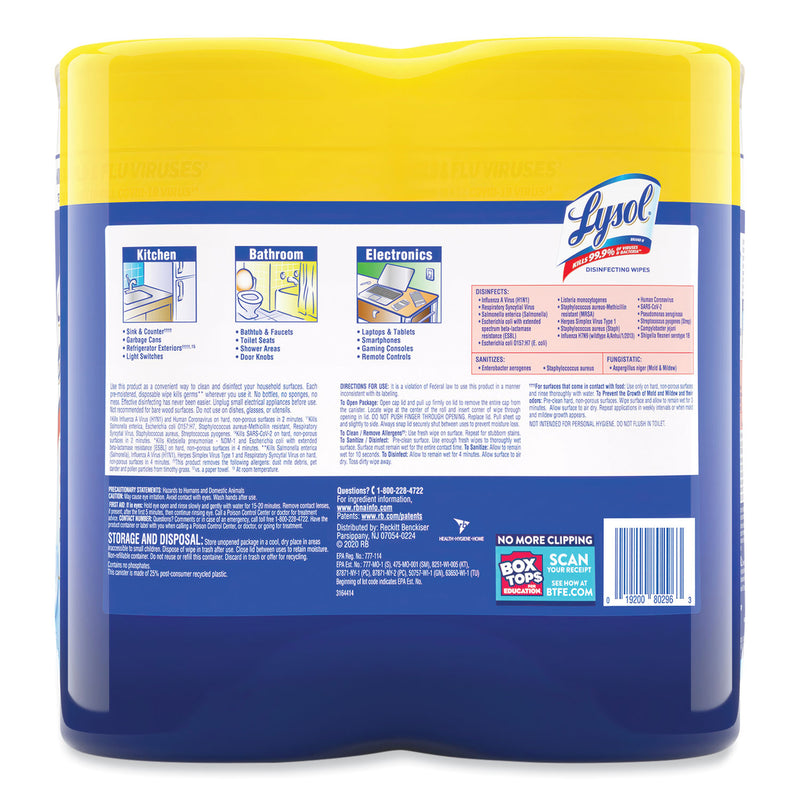 LYSOL Disinfecting Wipes, 7 x 7.25, Lemon and Lime Blossom, 80 Wipes/Canister, 2 Canisters/Pack