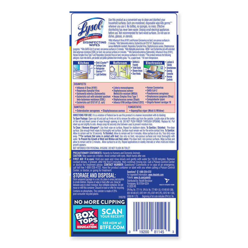 LYSOL Disinfecting Wipes, 7 x 7.25, Lemon and Lime Blossom, 35 Wipes/Canister, 12 Canisters/Carton