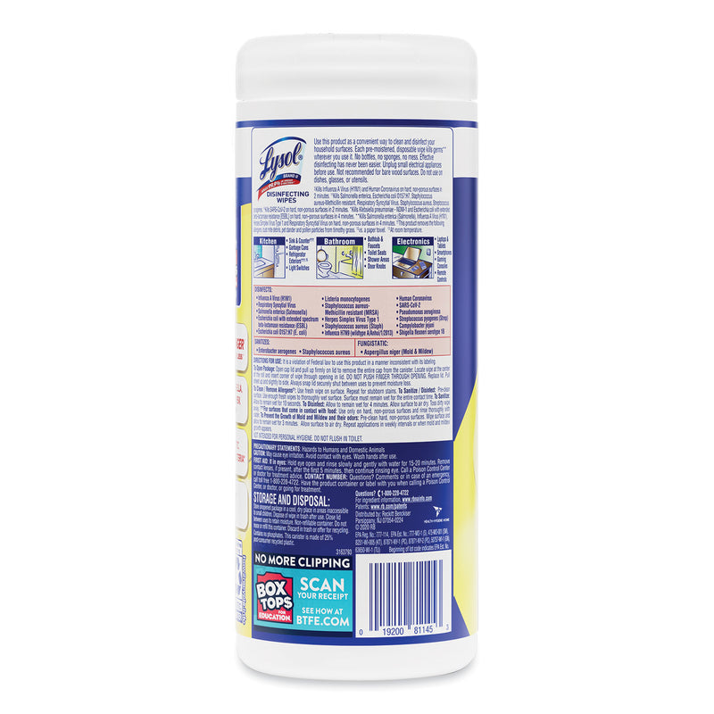 LYSOL Disinfecting Wipes, 7 x 7.25, Lemon and Lime Blossom, 35 Wipes/Canister, 12 Canisters/Carton
