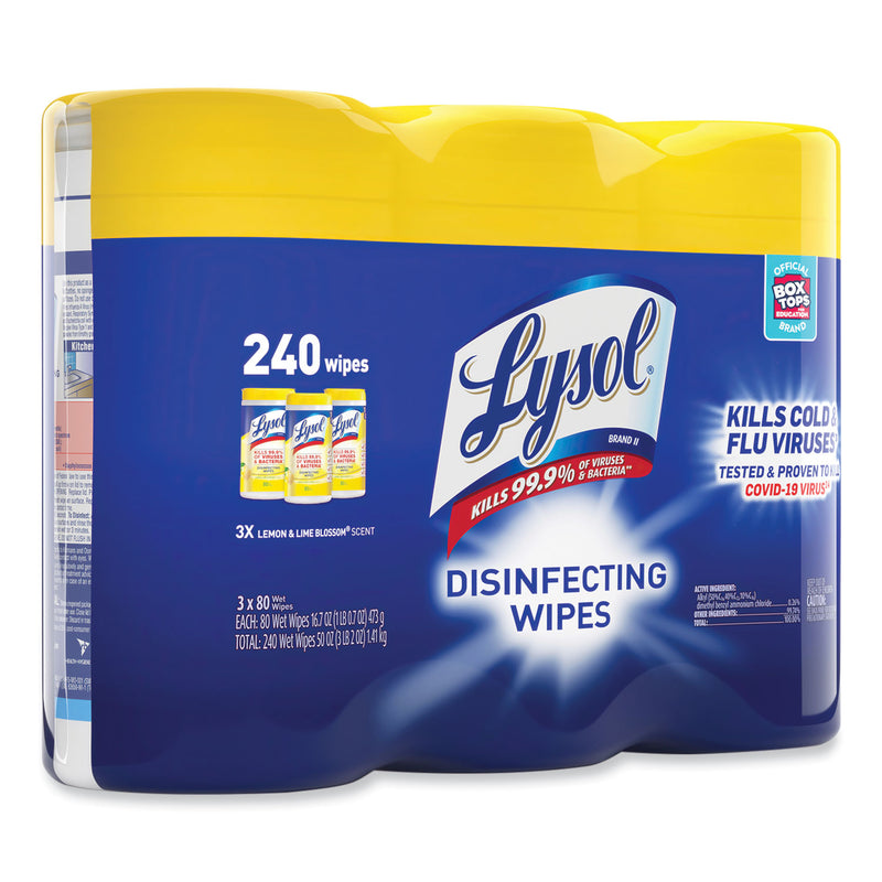 LYSOL Disinfecting Wipes, 7 x 7.25, Lemon and Lime Blossom, 80 Wipes/Canister, 3 Canisters/Pack