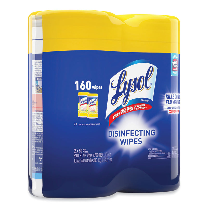 LYSOL Disinfecting Wipes, 7 x 7.25, Lemon and Lime Blossom, 80 Wipes/Canister, 2 Canisters/Pack, 3 Packs/Carton